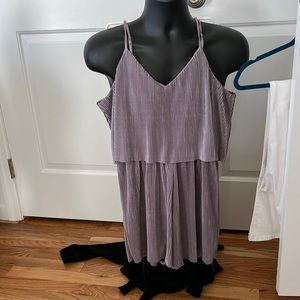 Accordion pleat fully lined romper muted purple adjustable straps elastic waist